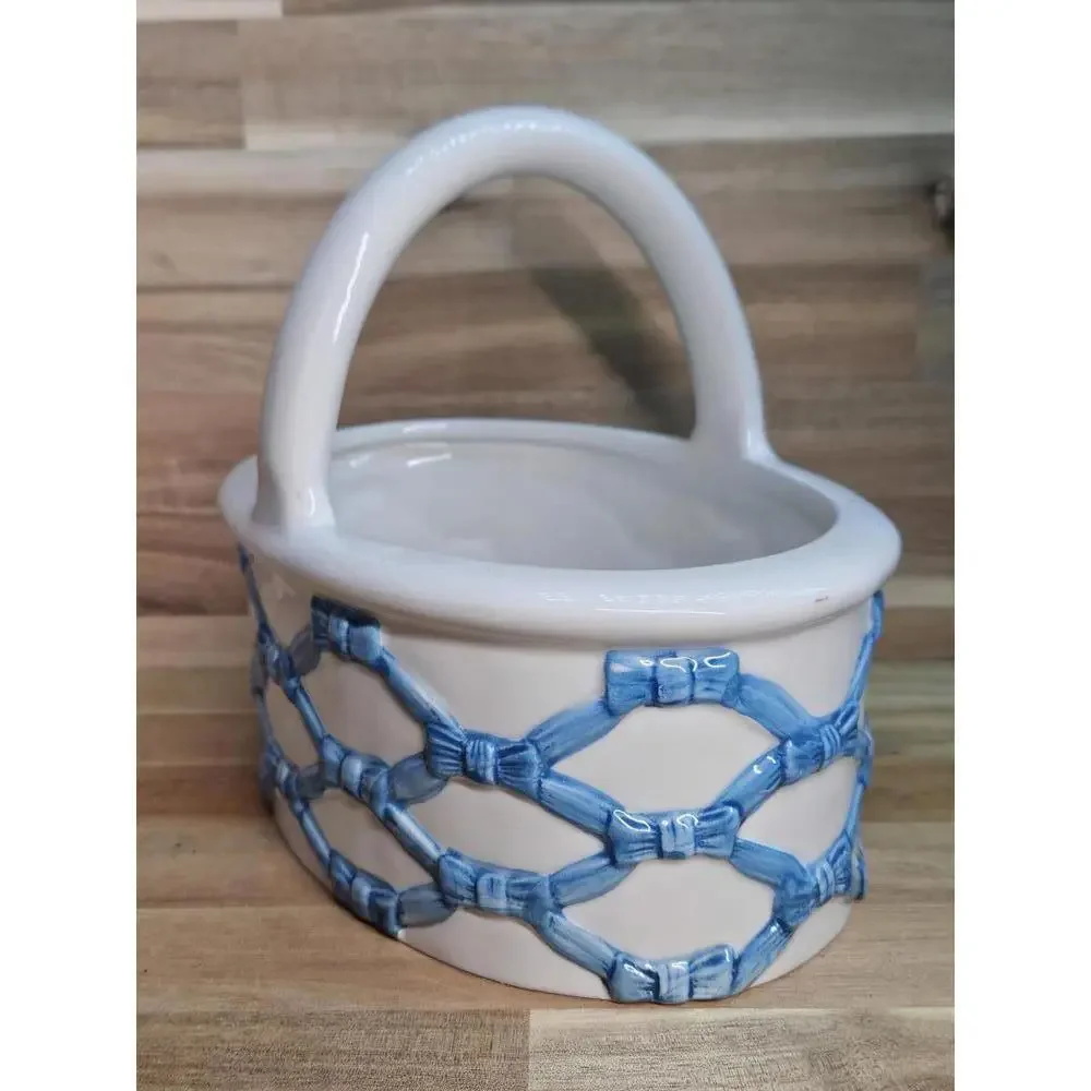 Vintage Italian Ceramic Lattice Basket Blue Woven Pottery 7" Tall Spring/Easter - Picture 6 of 15